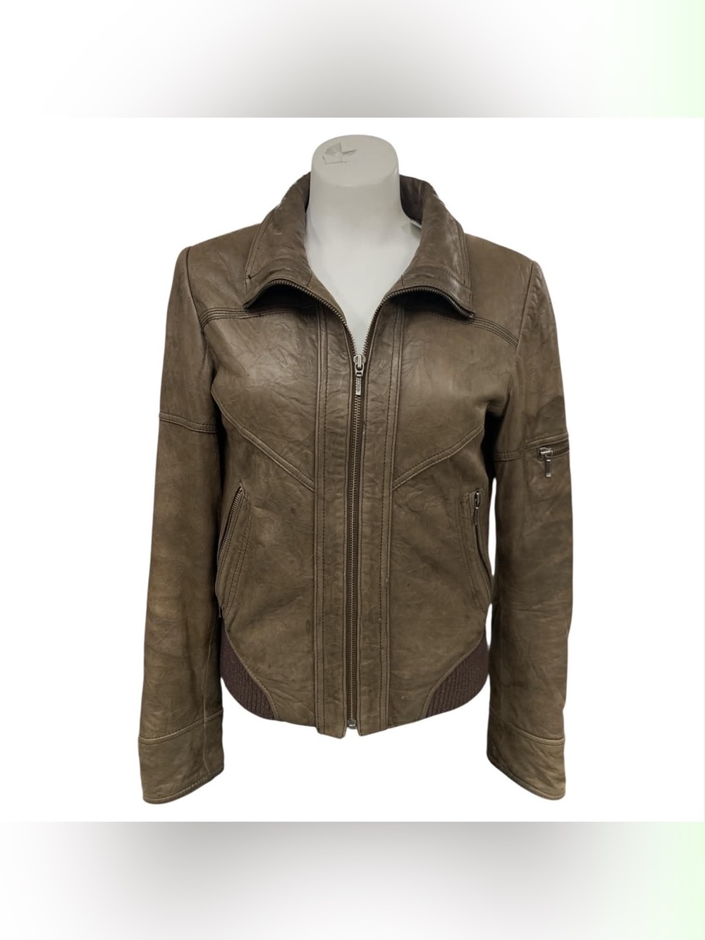 Danier Olive Green Leather Zip-Front Jacket Size XS